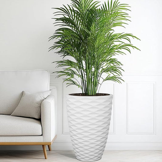 19" H Coastal Planter for Indoor/Outdoor Plants, Set of 2 Large Flower Pot with Drainage Hole, Weather/UV Resistant Resin Planters for Garden Patio Porch Home Office Decor, Matte White Wavy