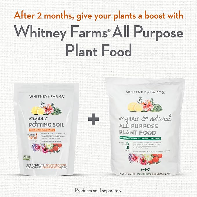 Whitney Farms Organic Potting Soil - Natural Indoor and Outdoor Container Mix for Vegetables, Herbs and Flowers, Feeds Plants up to 2 Months - 8 qt.