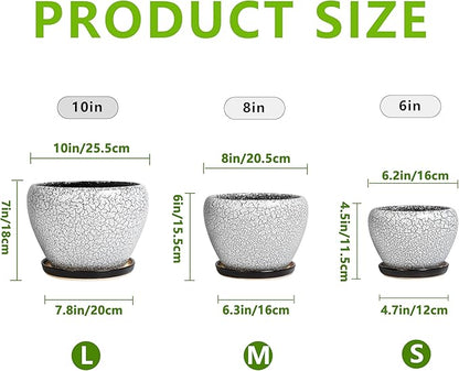 Ceramic Plant Pots Set of 3, 10+8+6 Inch Modern Round Flower Planters with Drainage Holes and Plant Saucers for Indoor Outdoor, Home Garden Room Porch Decor, Plant Lover Gifts, White-Black