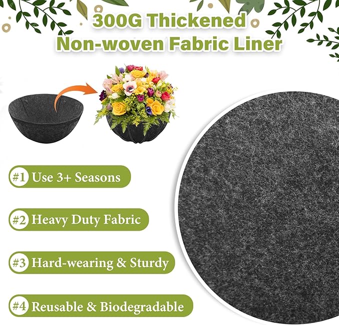 Riare 2 Pack 12 Inch Round Fabric Planter Basket Liner- Hanging Basket Liners Replacement Coco Fiber Liner Alternative for Hanging Basket Flowers (Prevent Birds from Nesting)