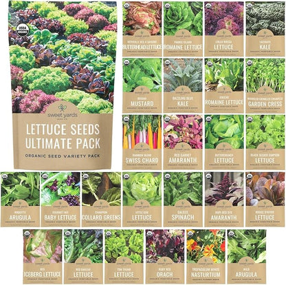 Organic Lettuce & Greens Seed Variety Pack - 25 Individual Packs - 2026 Season - Lacinato Kale, Roquette Arugula, Red Oakleaf Lettuce and More! for Indoor & Outdoor Planting