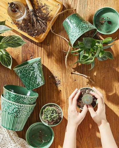 Ceramic Plant Pots, 4.9 Inch Flower Pots with Drainage Hole & Saucer, Decorative Planter Pots for Indoor Plants, Small Pots for Succulent, Catus, Home Decor, Set of 4, Green
