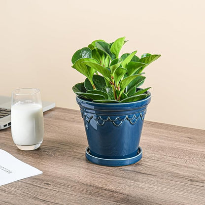 6.3 Inch Ceramic Planter, Plant Pot with Drainage Hole and Saucer, Decorative Glaze Flower Pot for Indoor Plants (Capri Blue)