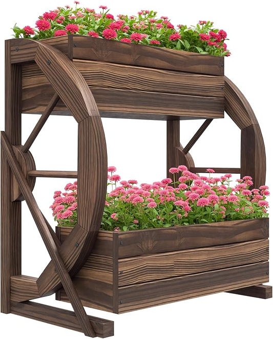 Outsunny 2-Tier Raised Garden Bed, Wooden Wagon Planter Boxes with Drainage Holes, for Vegetables Flowers Herbs, 22" x 13" x 22"