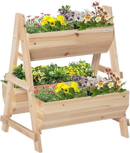 Outsunny 3 Tier Verctial Raised Garden Bed, Wooden Elevated Planter Box with Fabric Liner and Drainage Holes, for Vegetables, Herbs, Flowers, Natural