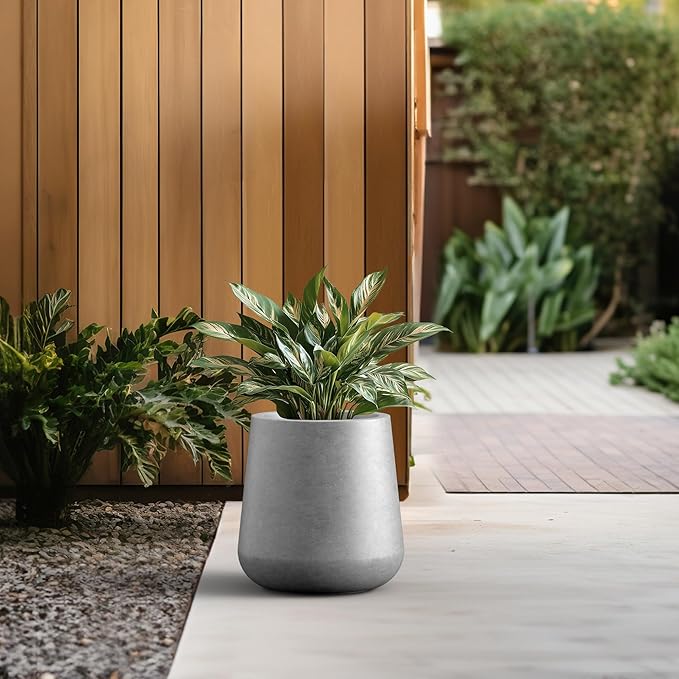 Kante 9.8-Inch Dia Round Concrete Garden Pot with Drainage Hole & Rubber Plug - Indoor/Outdoor Lagre Plant Pot for Home, Garden, Patio, Natural Concrete