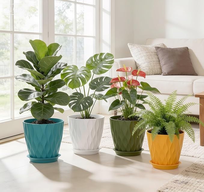 8 Inch Plant Pots, 4 Pack Plastic Planters for Indoor Outdoor with Drainage Holes & Saucers, Waffle Texture Flower Pots for Indoor Plants, Indoor Plant Pots for Monstera, Fiddle Leaf Fig Colorful