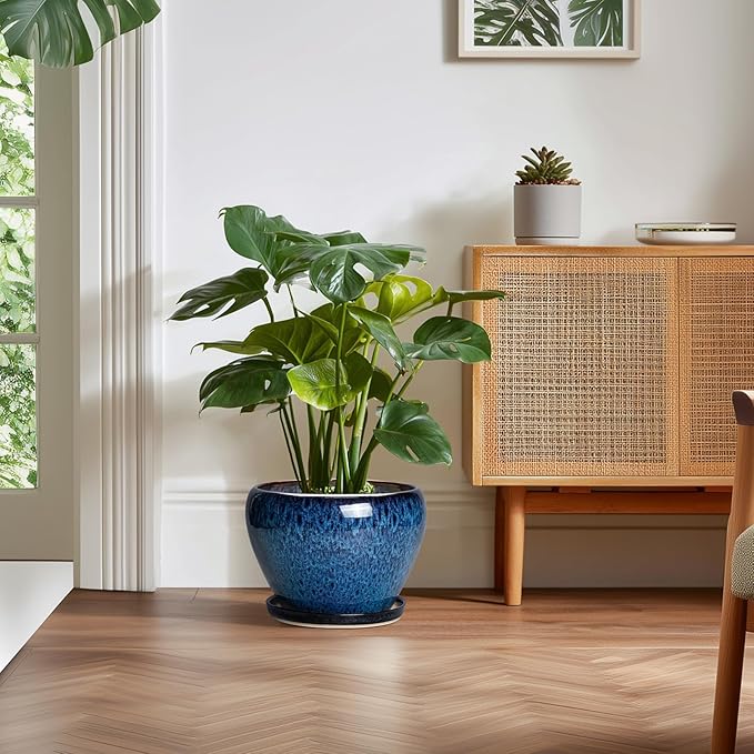 10 Inch Plant Pot - Ceramic Planter with Drainage Hole and Plant Saucer, Round Planter Indoor Outdoor, Modern Planters, Large Flower Pot, Home Room Office Decor, Housewarming Gifts, Blue