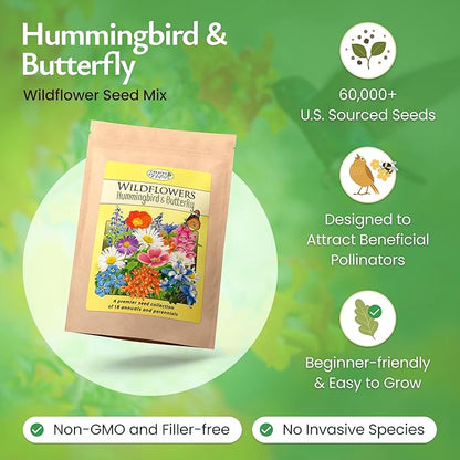 Created By Nature Hummingbird & Butterfly Wildflower Seed Mix, 18 Varieties, 60,000 Wildflower Seeds