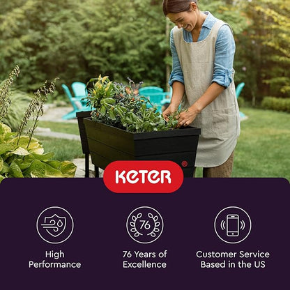 Keter Urban Bloomer 12.7 Gallon Raised Garden Bed and Outdoor Herb Garden Planter with Self Watering Gauge and Drainage Plug, Dark Grey