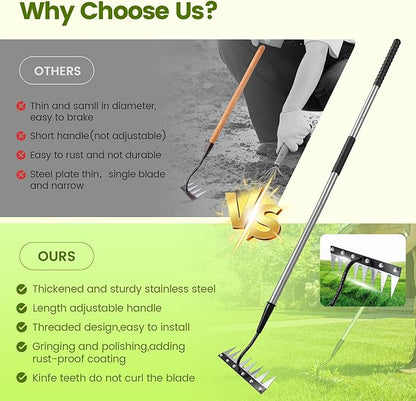 Iron Weeding Rake with Long Handle - Upgraded 8 Teeth Weed Puller Tool, Heavy Duty Manual Weeder Remover Tool for Weeding, Cultivating & Soil Aeration