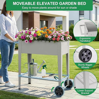 Elevated 32" Tall Raised Garden Bed with Legs and Wheels for Mobility, Metal Planter Boxes Outdoor with Shelf, Raised Bed for Gardening Vegetables/Herbs, Backyard, Patio, Balcony, Grey