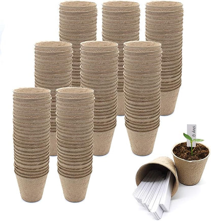 QPEY Seed Starter Peat Pots, 200 Packs 3 inch, Biodegradable Plant Labels, for Seedlings, Indoor Outdoor Usage, Brown