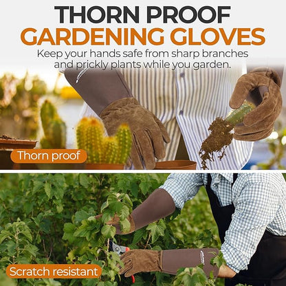 HANDLANDY Long Gardening Gloves for Men & Women, Cowhide Leather Rose Pruning Gloves- Breathable & Durable Gauntlet Glove (X-Large, Brown)