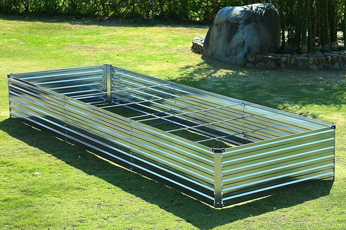 2 Pack 12x2x1FT Galvanized Raised Garden Bed Kit, Outdoor Metal Planter Box for Vegetables, Bottomless Rectangular Gardening Bed with Support Rods, Tool-Free Assembly, Silver