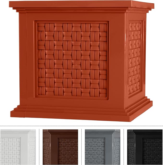 Rattan Style Outdoor Planter Box - 14.65-Inch-Square Decorative Flower or Plant Pot - Garden, Patio and Front Porch Decor by Pure Garden (Terracotta)