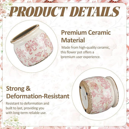 Vintage Planter Large Ceramic Plants Pot Pink Floral Scroll Ice Crack Cottage Scroll Vase Flower Vase Pot Indoor Plants Home Kitchen Decor Farmhouse Antique Decorative Gifts