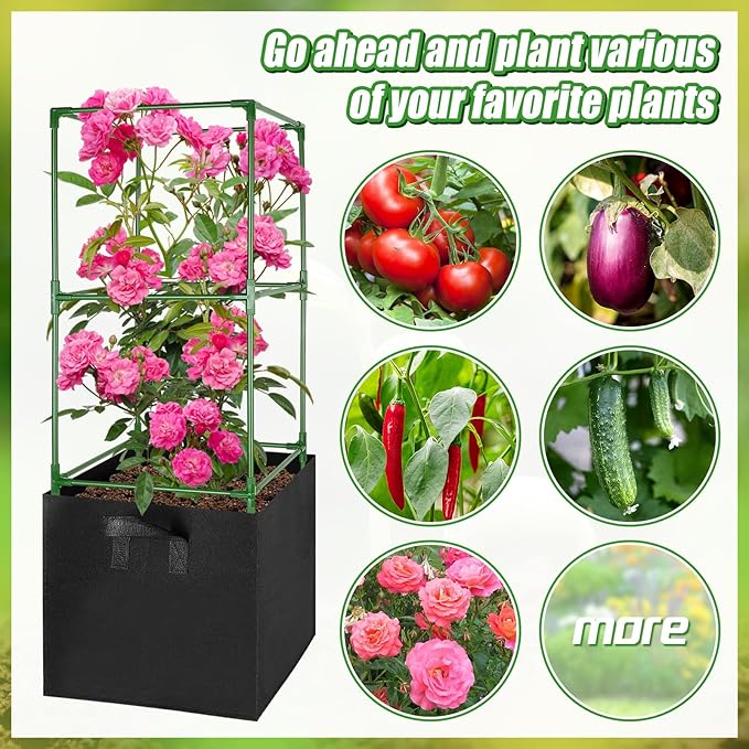 ANPHSIN 3 Sets Tomato Cages with 17 Gallon Grow Bags, 46'' Heavy-Duty Plant Support Trellis Tomato Planter Pots Kit, Garden Vegetables Cucumber Flowers Vertical Climbing Plants Vines