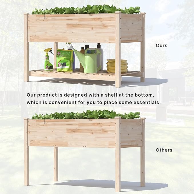 Gotland Raised Garden Bed with Legs, Raised Beds for Gardening with Storage Shelf Bed Liner Drainage Holes, Wooden Planter Raised Beds, Raised Planter Box for Backyard, Patio, Balcony, Natural
