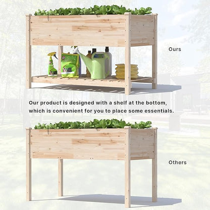 Gotland 2pcs Raised Garden Bed with Legs, Raised Beds for Gardening with Storage Shelf Bed Liner Drainage Holes, Wooden Planter Raised Beds, Raised Planter Box Backyard, Patio, Balcony, Natural