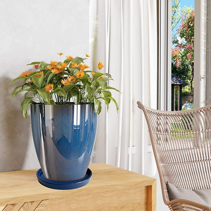Ceramic Plant Saucer Pot Tray Blue 2pcs-12 Inch, Planter Saucers 4 5 6 7 8 9 10 11 12 Inch for Indoors Outdoor, Durable Sturdy Flower Drainage Tray for Glazed Pots Base (12.5 Inch-Blue)