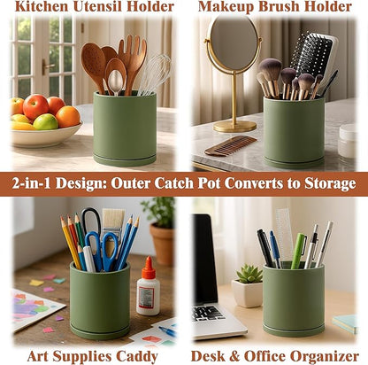D'vine Dev Double-Layer Planter Set – Rotating Plastic Cachepot with Clear Inner Liner for Root Health, Perfect for Indoor Plants, 6.5", Olive, 73-U-C-2