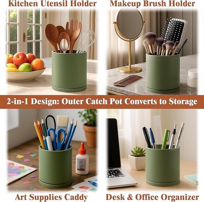 D'vine Dev Double-Layer Planter Set – Rotating Plastic Cachepot with Clear Inner Liner for Root Health, Perfect for Indoor Plants, 4.5", Olive, 73-U-C-1