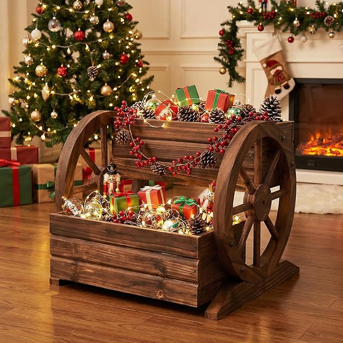 Giantex Wooden Wagon Planter Box, Garden Planter with Drainage Holes & Wheels for Flowers Herbs Vegetables, Indoor Outdoor Decorative Flower Cart for Patio Garden Balcony (1)