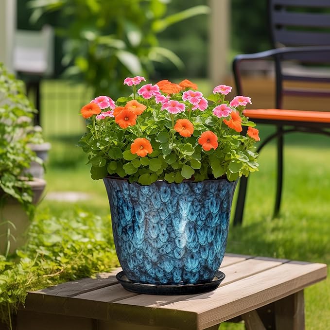 Ceramic Plant Pots - 12 Inch Pots for Plants Indoor Outdoor, Large Round Planter with Drainage Hole and Saucer, Modern Decorative Flower Pot, Home Garden Decor, House Warming Gifts, Blue
