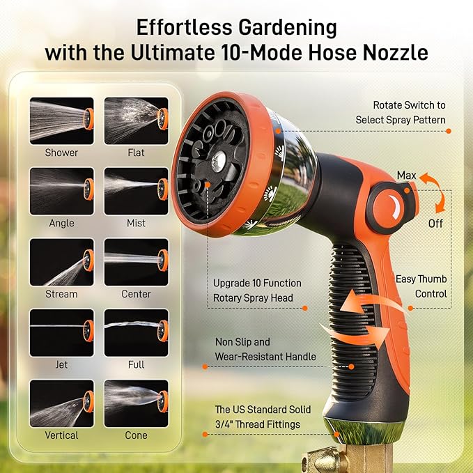 Garden Hose, 100ft 5/8" Stainless Steel Water Hose w/ 10-Mode Spray Nozzle, On/Off Valve, 523 PSI Burst, Anti-Kink, Lightweight All-Weather Flexible, Leakproof 3/4" Brass Male to Female Fittings