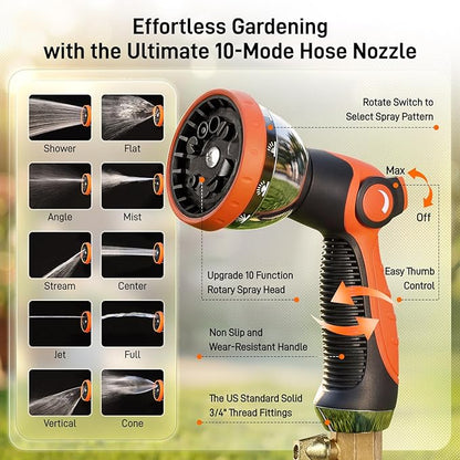 Garden Hose, 100ft 5/8" Stainless Steel Water Hose w/ 10-Mode Spray Nozzle, On/Off Valve, 523 PSI Burst, Anti-Kink, Lightweight All-Weather Flexible, Leakproof 3/4" Brass Male to Female Fittings