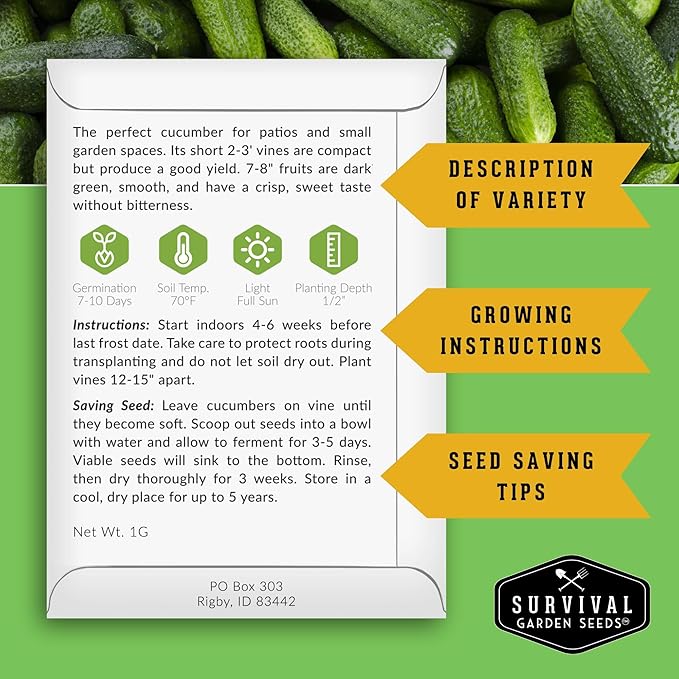 Spacemaster Cucumber Seeds for Planting | Compact Heirloom Non-GMO Variety for Small-Space Gardens – Survival Garden Seeds (3 Packs)