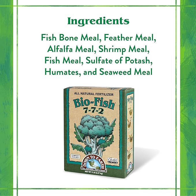 Down To Earth All Natural Fertilizers Organic Bio-Fish - Plant Food for Corn, Broccoli, Kale, Trees and Shrubs 7-7-2, 5 lb