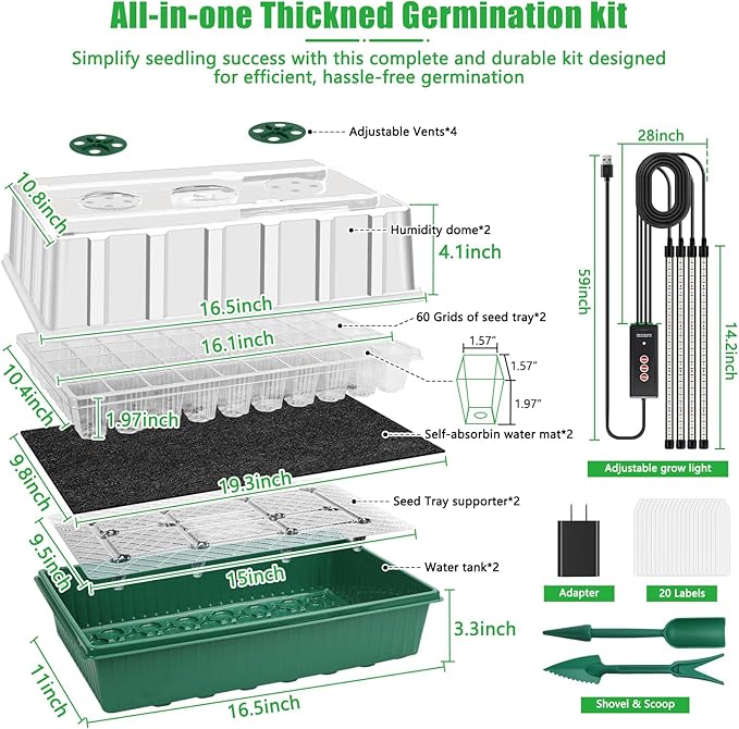 2 Set 120-Cell Seed Starter Tray with Grow Light, Self-Watering Seed Starter Kit with Humidity Dome, Adjustable Brightness Timed Seedling Starter Plant Germination Trays Indoor