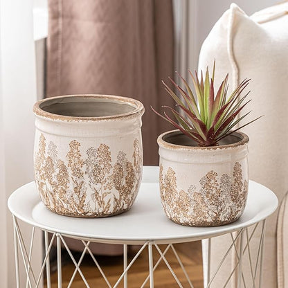 Set of 2 Ceramic Planters for Indoor Plants, 4.7+5.7 Inch Vintage Flower Pots without Drainage Hole, Rustic Brown Planter Set, Decorative Plant Pots for Indoor Plants, Home Decor, Living Room, Office