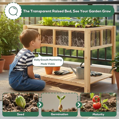 PetsCosset Raised Garden Bed with Legs, Elevated Planter Box Stand with Storage Shelf & Observation Panels for Backyard, Patio, Balcony, No Bending Design (Natural Wood)