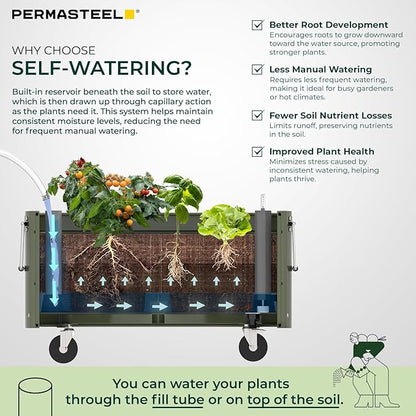 Permasteel Self-Watering Garden Bed, Rolling Planter for Vegetables, Flowers, Herbs, and Fruit, Outdoor Indoor, Caster Wheels, Army Green