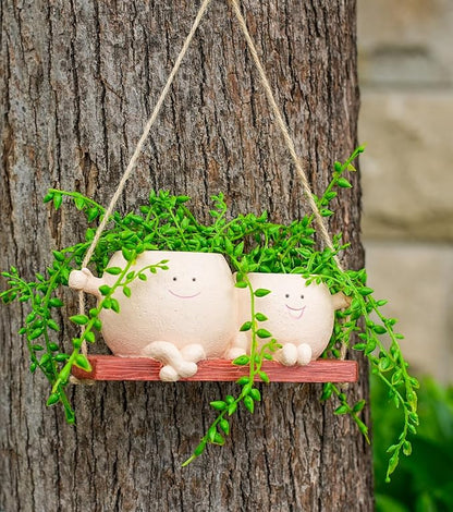 Cute Couple Swing Planter with Smiley Face,Couple Planter,Hanging Swing face Pot,Hanging Plant Pot for Indoor Outdoor Plants, (Khaki)