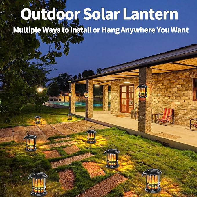 Solar Lanterns Outdoor Waterproof,Flickering Flame Landscape Lanterns ,Solar Powered Outdoor Hanging Lights Decor for Garden, Yard, Patio, Porch 2 Pack