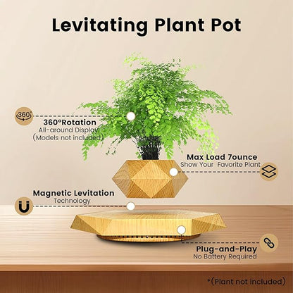 Levitating Plant Pot,Magnetic Floating Plant Pot for Small Plants,360°Rotating Levitating Desk Decor for Home & Office,Floating Pot Gift for Plant Lovers,Birthday, Christmas, New Year(Wood)