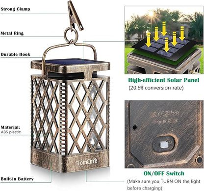 TomCare Solar Lights Outdoor Flickering Flame Solar Lantern Outdoor Hanging Lanterns Decorative Outdoor Lighting Solar Powered Waterproof LED Flame Lights for Patio Garden Deck, 2 Pack(Bronze)