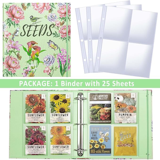 Seed Organizer Garden Seeds Storage Clear Sheet Protectors with 8.5x11 Binder, Seed Packet Organizer Kit