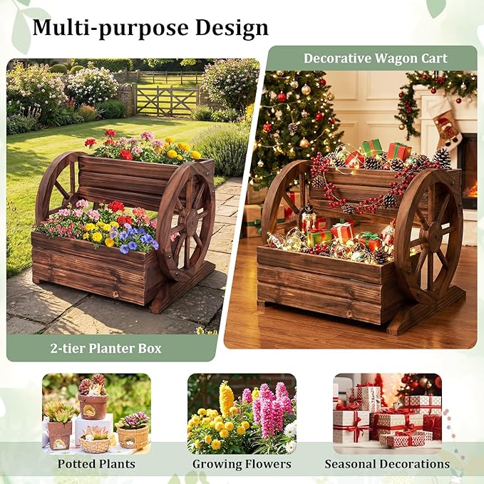 Giantex Wooden Wagon Planter Box, Garden Planter with Drainage Holes & Wheels for Flowers Herbs Vegetables, Indoor Outdoor Decorative Flower Cart for Patio Garden Balcony (1)