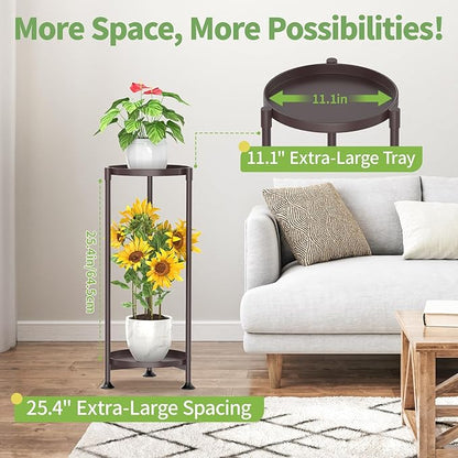 KMOTASUO 2 Tier Plant Stand Indoor for Large Tall Heavy Duty Planter, Multiple Sturdy Metal Flower Corner Rack for Narrow House Floor, Iron Vertical Level Round Orchi Holder Organizer, Bronze