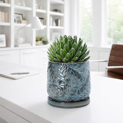 D'vine Dev 5 Inch Embossed Leaves Stoneware Planter Pot with Drainage Hole and Saucer, Ocean Teal, 27-A-V-8