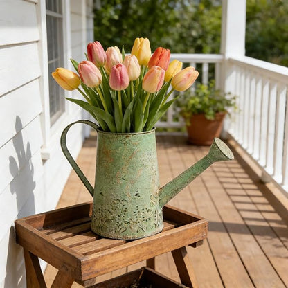 Vintage Green Metal Watering Can, Functional Garden Waterer with Floral Embossed for Indoor Outdoor Plant Care, Rustic Decor for Home Garden Patio