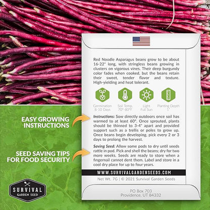 Survival Garden Seeds - Red Noodle Asparagus Bean Seed for Planting - 3 Packs with Instructions to Plant and Extremely Long Stringless Beans in Your Home Vegetable Garden - Non-GMO Heirloom Variety