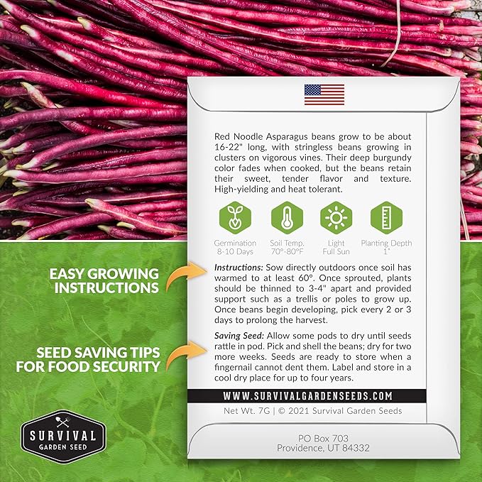 Survival Garden Seeds - Red Noodle Asparagus Bean Seed for Planting - 2 Packs with Instructions to Plant and Extremely Long Stringless Beans in Your Home Vegetable Garden - Non-GMO Heirloom Variety
