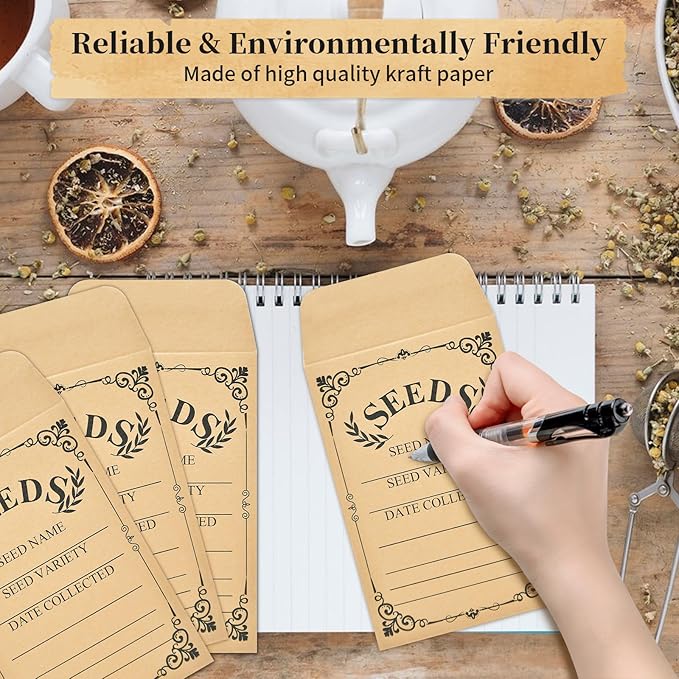 50-Pack Seed Packets Envelopes with Clear Window, 4.72 x 3.15 Inch Small Kraft Paper Seed Bags, Bulk Seed Storage Organizer with Preprinted Collecting Template for Garden Flower Vegetable Seeds Saving
