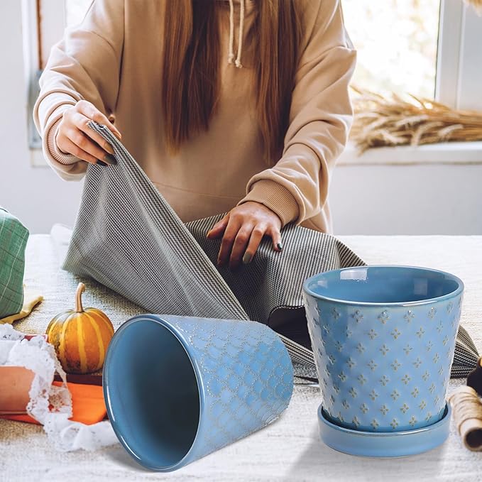 Plant Pots, 5 Inch Pots for Indoor Plants, Planters with Drainage Hole and Saucer, Ceramic Flower Pots Desktop Office Windowsill Decoration Gift Set of 4 - Sky Blue